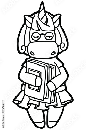Vector illustration. Hand drawing cartoon unicorn. Unicorn in glasses with books in hand. Coloring page. Isolated on white. Cute character. The original print.
