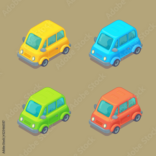 Set of isometric cars. Cartoon style. City transport.