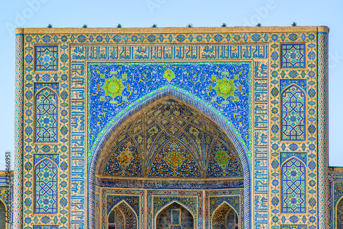 Parade portal of Tilya-Kori Madrasah, a part of Registan medieval architectural ensemble, Samarkand, Uzbekistan