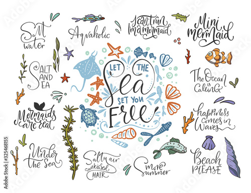 Summer sea lettering big vector set. Ocean quotes and clip art collection. Perfect for t shirt, card print design. Graphic nautical marine theme illustration. Let the sea set you free