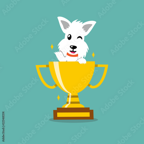 Cartoon vector character white scottish terrier dog with gold trophy cup award for you design.