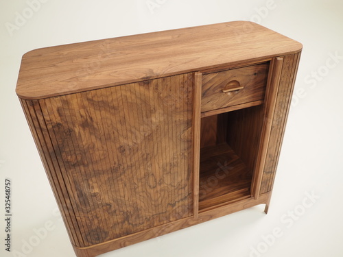 Original designer chest of drawers made of natural wood in its entirety, as well as its details on a white background, from different angles.