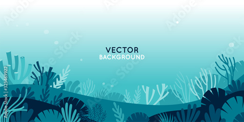 Vector horizontal background with underwater scene and nature - marine life