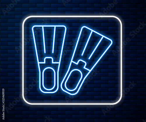 Glowing neon line Rubber flippers for swimming icon isolated on brick wall background. Diving equipment. Extreme sport. Sport equipment.  Vector Illustration