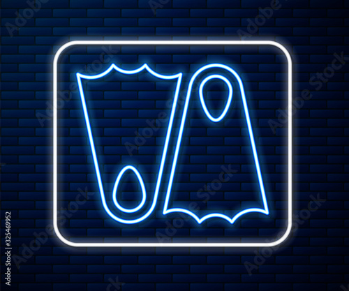 Glowing neon line Rubber flippers for swimming icon isolated on brick wall background. Diving equipment. Extreme sport. Sport equipment.  Vector Illustration