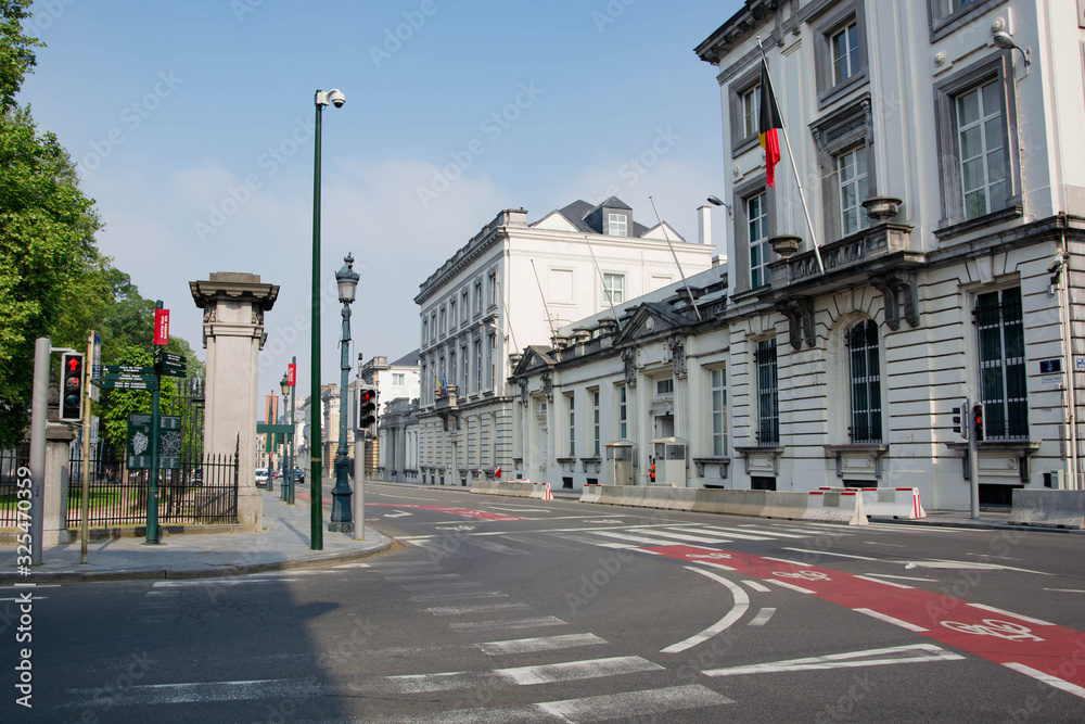 Cityscape of Brussels, Belgium. City architecture. Modern exterior of buildings. Empty intersection with markup.