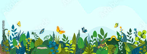 Beautiful floral background, panorama. Leaves, colorful flowers, caterpillars, butterflies. Bright spring and summer banner for cover social network, invitation, wedding, holiday. Vector illustration. photo