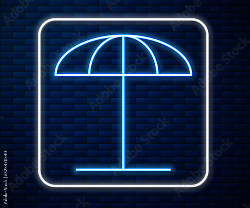 Glowing neon line Sun protective umbrella for beach icon isolated on brick wall background. Large parasol for outdoor space. Beach umbrella.  Vector Illustration