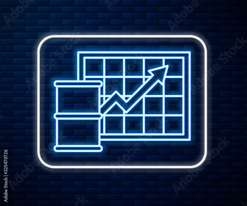Glowing neon line Oil price increase icon isolated on brick wall background. Oil industry crisis concept.  Vector Illustration