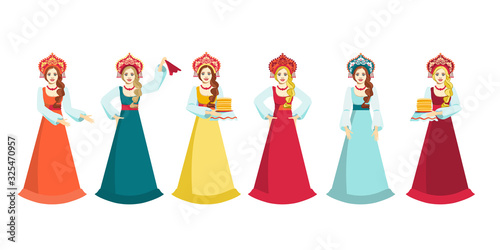 Set of cute russian girls with long braid in traditional folk dress in different poses, with festive pancakes for russian Shrovetide or Maslenitsa. Russian holiday Carnival. Vector illustration.