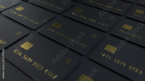 3d render of the black credit cards with grid structure isolated on a black background with gold detail embossing and depth of field.