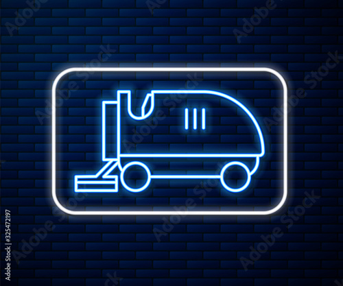 Glowing neon line Ice resurfacer icon isolated on brick wall background. Ice resurfacing machine on rink. Cleaner for ice rink and stadium.  Vector Illustration