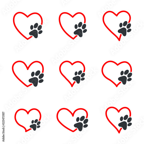 Animal love symbol, pet paw print with hand drawn heart, isolated vector