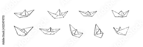 Hand drawn paper boats set, ink drawing sketch vector illustration, black isolated origami on white background