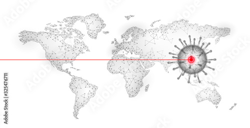Planet Earth World map pandemic China. Health safety pneumonia treatment shield coronavirus. Asia continent virus protection vaccine development research vector illustration