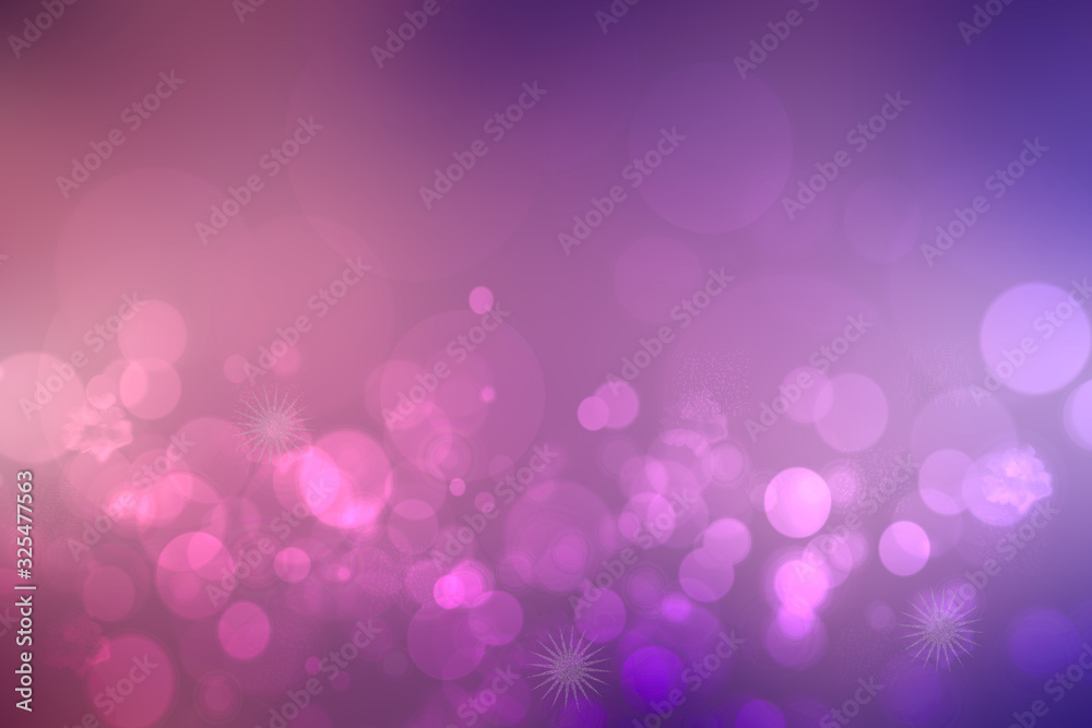 A festive abstract gradient purple pink background texture with glittering stars and bokeh circles. Card concept for Happy New Year, party invitation, valentine or other holidays.