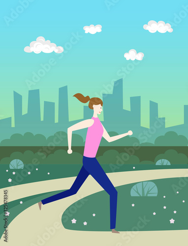 Cartoon woman  runs in park.