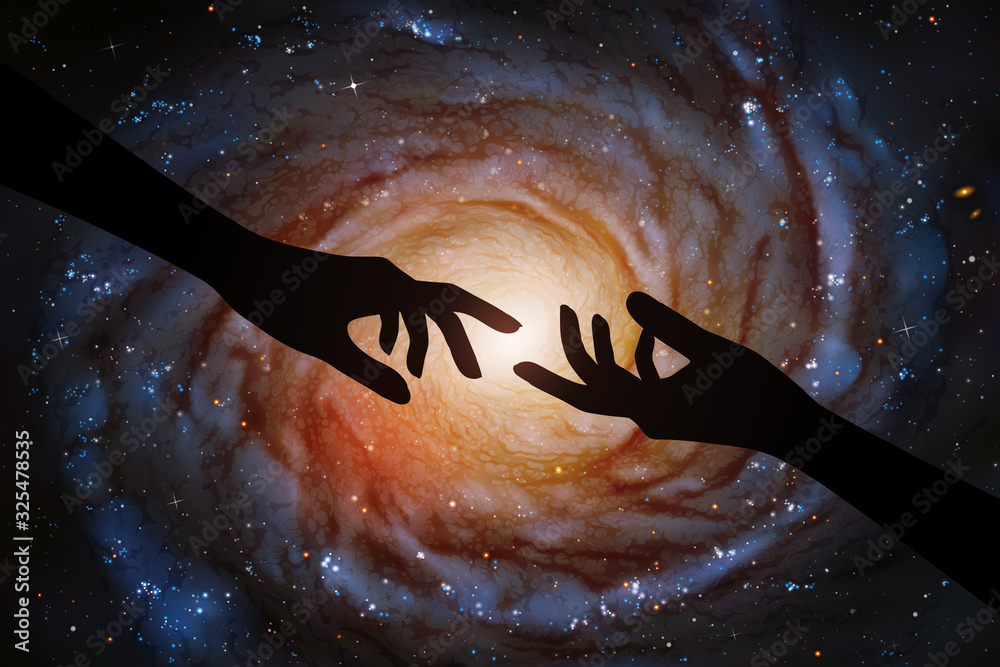 Reaching hands and spiral galaxy in outer space. Romantic vector