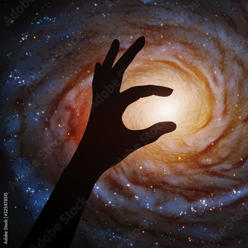 Astronaut hand holding center of spiral galaxy in outer space. Vector illustration with hand silhouette and astronomical object in cosmos. Starry background. Elements of this image furnished by NASA
