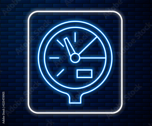Glowing neon line Water meter icon isolated on brick wall background. Vector Illustration