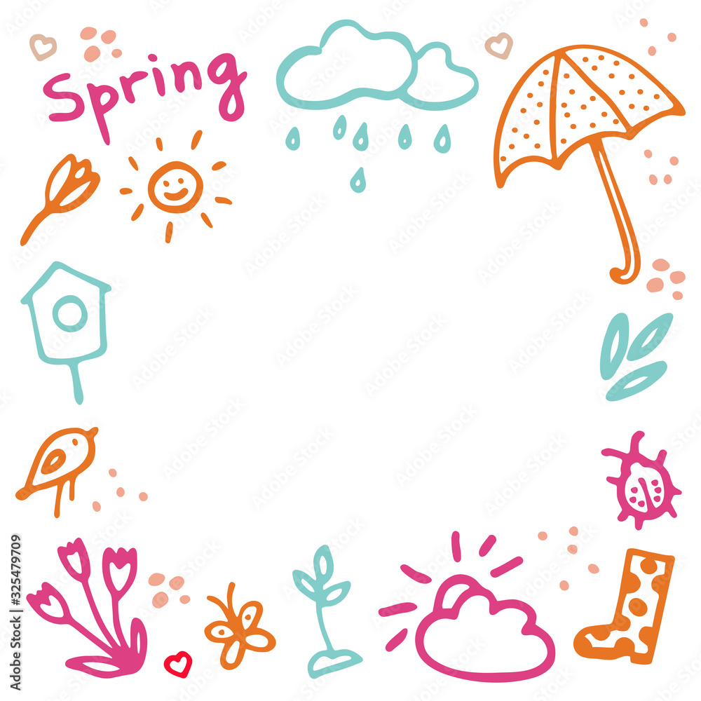 Springtime doodles frame. Vector design elements set with inscription Spring, birdhouse, flower, butterfly, bug, rainy cloud, sun, sprout, hearts, umbrella, gumboot Springtime doodles frame. Vector design elements set with inscription Spring, birdhouse, flower, butterfly, bug, rainy cloud, sun, sprout, hearts, umbrella, gumboot