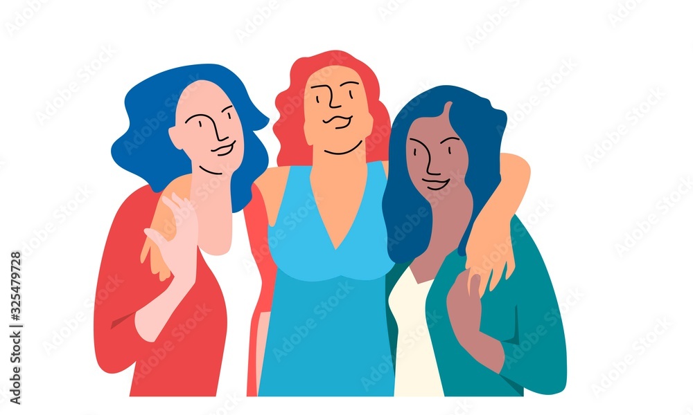 Vector illustration of of best friends. Three girls embracing each other. Flat cartoon style. Vector illustration of of best friends. Three girls embracing each other. Flat cartoon style.