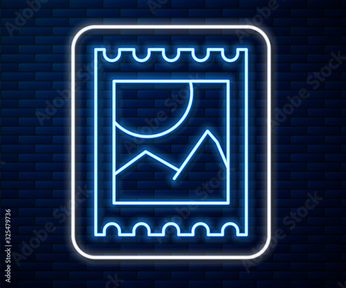 Glowing neon line LSD acid mark icon isolated on brick wall background. Acid narcotic. Postmark. Postage stamp. Health danger. Vector Illustration