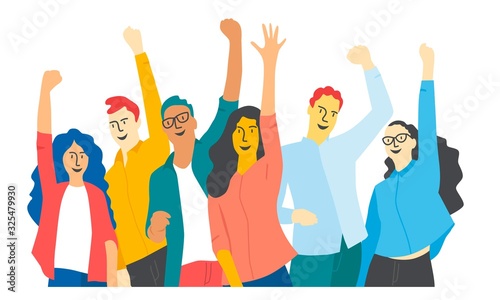 Happy friends or students with raised arms up. Vector illustration in flat cartoon style.