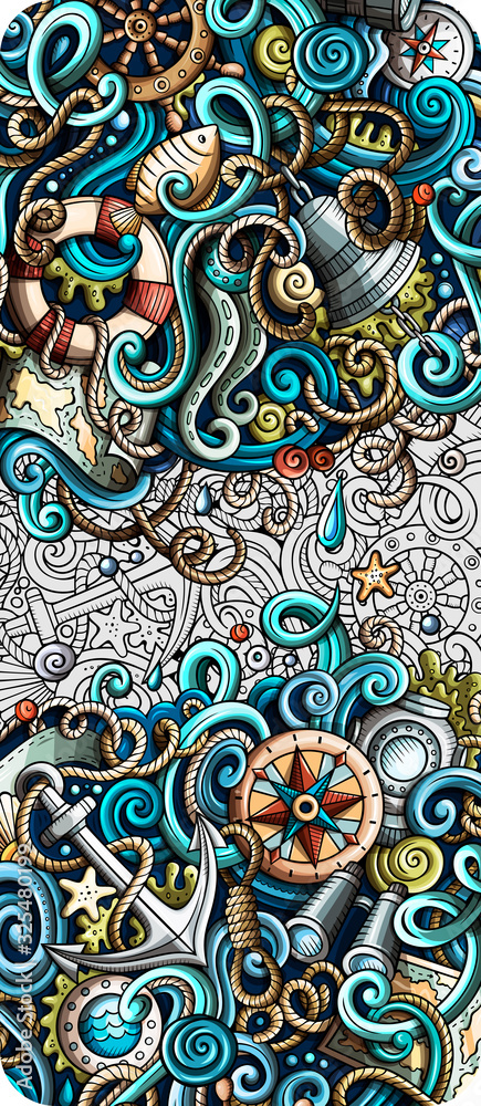 Nautical hand drawn doodle banner. Cartoon detailed flyer.