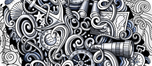 Nautical hand drawn doodle banner. Cartoon detailed flyer.