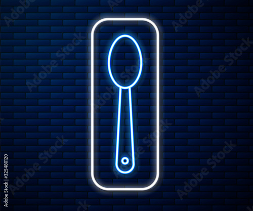 Glowing neon line Heroin in a spoon icon isolated on brick wall background. Concept of drug addiction and dependence from the narcotic. Junkie lifestyle. Vector Illustration