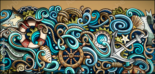 Nautical hand drawn doodle banner. Cartoon detailed flyer.