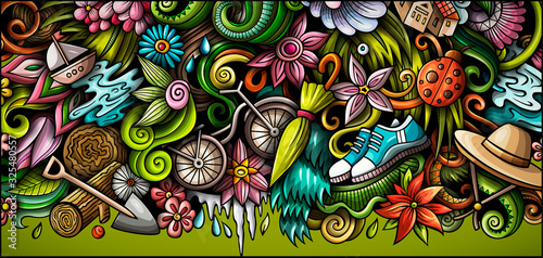 Spring hand drawn doodle banner. Cartoon detailed flyer.