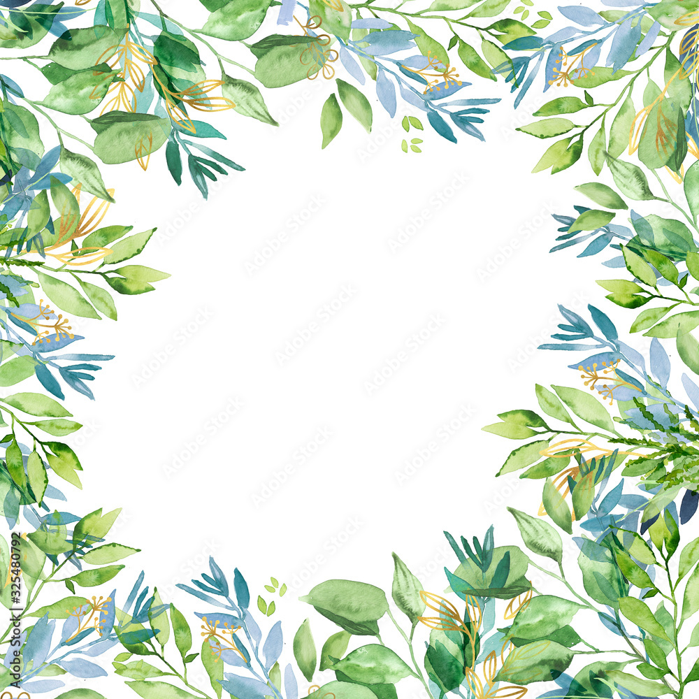 Watercolor hand painted botanical spring leaves and branches illustration frame isolated on white background Watercolor hand painted botanical spring leaves and branches illustration frame isolated on white background