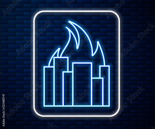Glowing neon line Fire in burning buildings on city street icon isolated on brick wall background. Destroyed city on fire. Vector Illustration