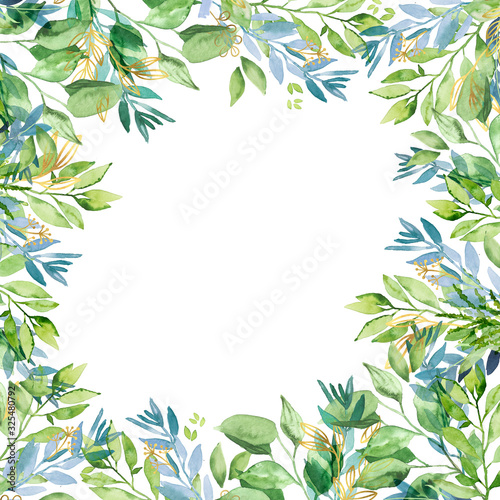Watercolor hand painted botanical spring leaves and branches illustration frame isolated on white background