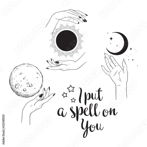Hand drawn set of female witches hands with celestial bodies. Flash tattoo, sticker, patch or print design vector illustration.