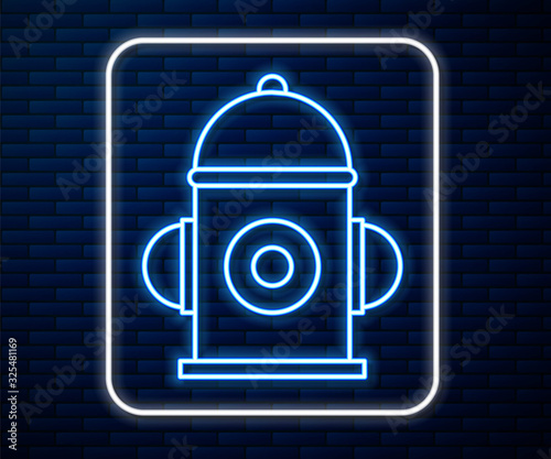 Glowing neon line Fire hydrant icon isolated on brick wall background. Vector Illustration