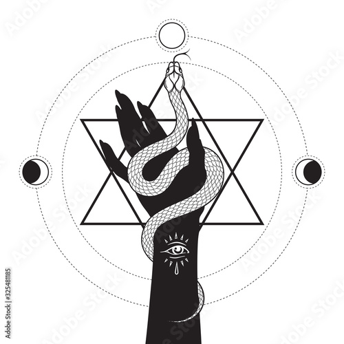 Serpent in female hands over the six pointed star line art and dot work. Boho chic tattoo, poster, tapestry or altar veil print design vector illustration.