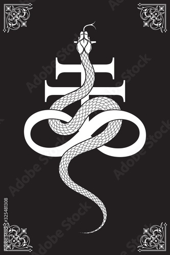 Photo Serpent over the Leviathan Cross alchemical symbol of sulphur line art and dot work