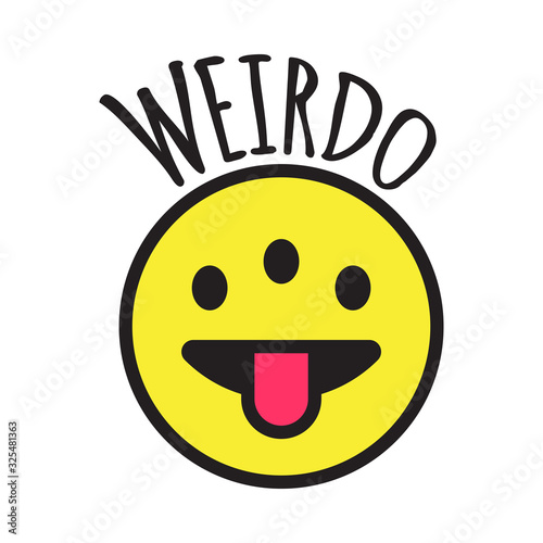 Emoji weird three eyed funny face. Weirdo smile, sticker or patch design vector illustration