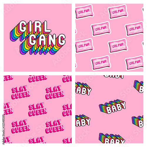 Set of 3 feminist seamless patterns and a posters with a quotes   Girl Gang . Feminine vector backgrounds.