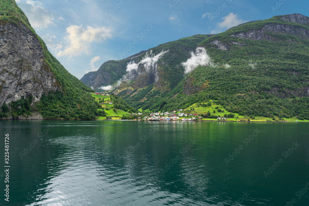Sognefjord sea mountain landscape, Norway, Norwegian fjords seaside view