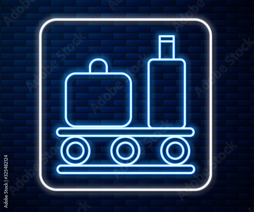 Glowing neon line Airport conveyor belt with passenger luggage, suitcase, bag, baggage icon isolated on brick wall background. Vector Illustration