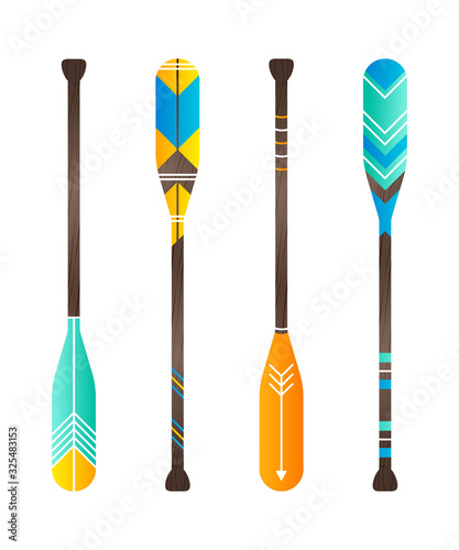 Set of realistic oar paddle. Isolated wood