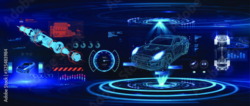 Hologram auto in low poly style, wireframe in line. Modern diagnostics in the car service of the future. Automobile infographic, ui,  analysis and car condition. HUD, GUI, UI style. Vector 