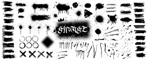 Fototapeta Extensive collection of black paint, great elaboration, spray graffiti stencil template ink brush strokes, brushes, lines. Paint splats blotches. Ink splashes stencil, Isolated vector set, grunge 