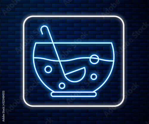 Glowing neon line Mixed punch with fresh fruits in bowl icon isolated on brick wall background. Vector Illustration