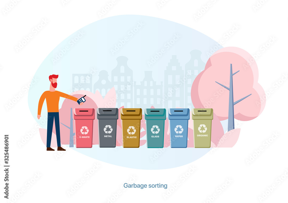 Containers for sorting garbage. Recycling. Trash can. Recycling. Illustration in a flat style