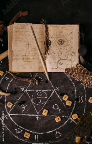 Open old book with magic spells, runes, black candles on witch table. Occult, esoteric, divination and wicca concept.